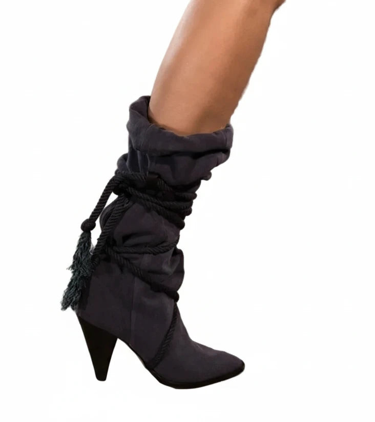🍒Retro boots cross-tied shaped heel solid brown pointed toe shoes lace-up fringe mid-calf boots women fashion footwear Retro Roads