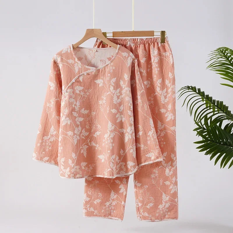 🍒Pyjama set 100% Cotton women's two piece nightwear jacquard long sleeve top and elasticated long pants loose loungewear set Pick This Leaf