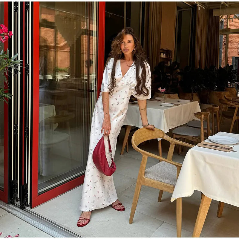 🍒Summer printed v-neck dress  with flower print womens fashion slim fit waist short butterfly sleeve long summer outfit with short sleeves high waist office wear cute comfy casu classy