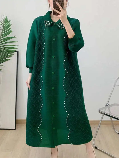🍒Pleated dress for women spring  high-end occasion wear lapel coat outfit loose beaded long sleeve maxi elastic female fashion 6R5109