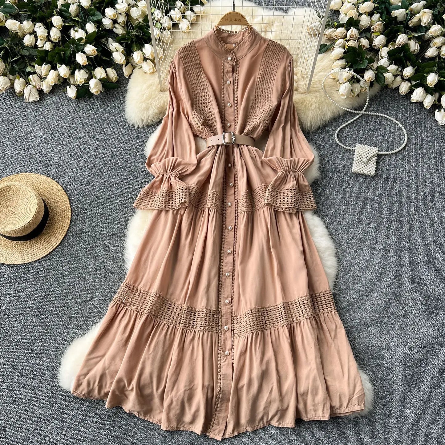 🍒Stand collar maxi dress a-line elegant single breasted smart casual women puff seeve outfit single breasted shirt dresses high waist Y2k fashion vintage style clothimg Get A ComPLEAT Look