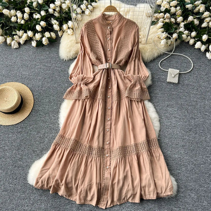 🍒Stand collar maxi dress a-line elegant single breasted smart casual women puff seeve outfit single breasted shirt dresses high waist Y2k fashion vintage style clothimg Get A ComPLEAT Look