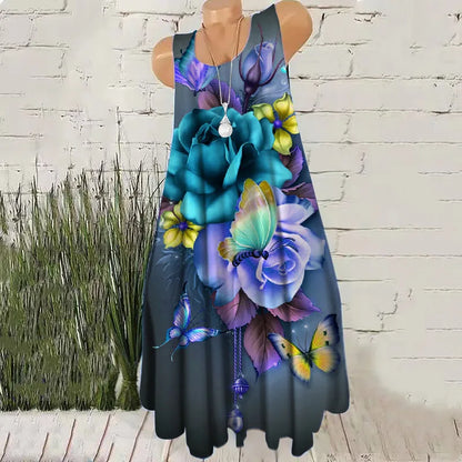 🍒Sleeveless floral print dresses summer beachy casual female short outfit floral fashion wear for women placment print