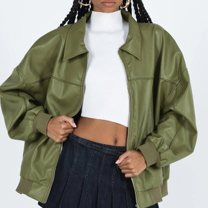 🍒Oversized faux leather Jacket zip up women smart casual outerwear coats fall fashion leather bomber Jacket You Will Wear Out This Outerwear