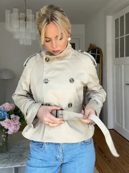 🍒Flared sleeve jacket belt coat for women elegant stand collar double breasted coat long sleeved outerwear female autumn winter fashion commuter keep abreast of belted double breast