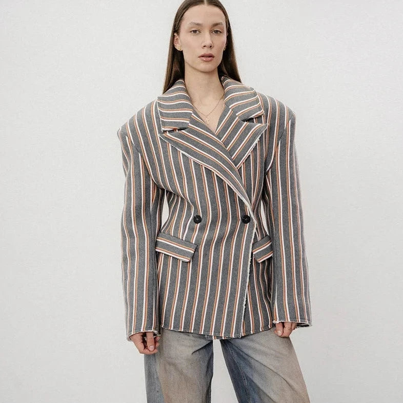 🍒Striped print blazer women's full Sleeve jacket with notched lapel collar double breasted spring coat fashion wear office clothing   Look Chocolate In Orange