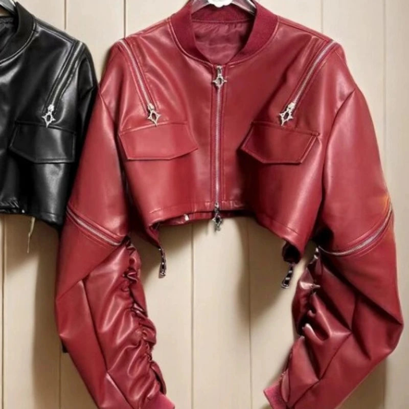 🍒pu cold shoulder leather jacket Y2K asthetic streetwear outerwear loose fashion women solid fashion female crop coat Keep Snug In A Cold Shoulder Coat