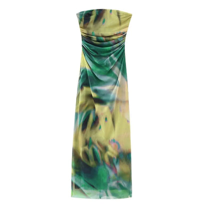 🍒Shoulderless corset dress long printed outfit for women ruched midi summer dress mesh bodycon fill Up On Full flower Fashion