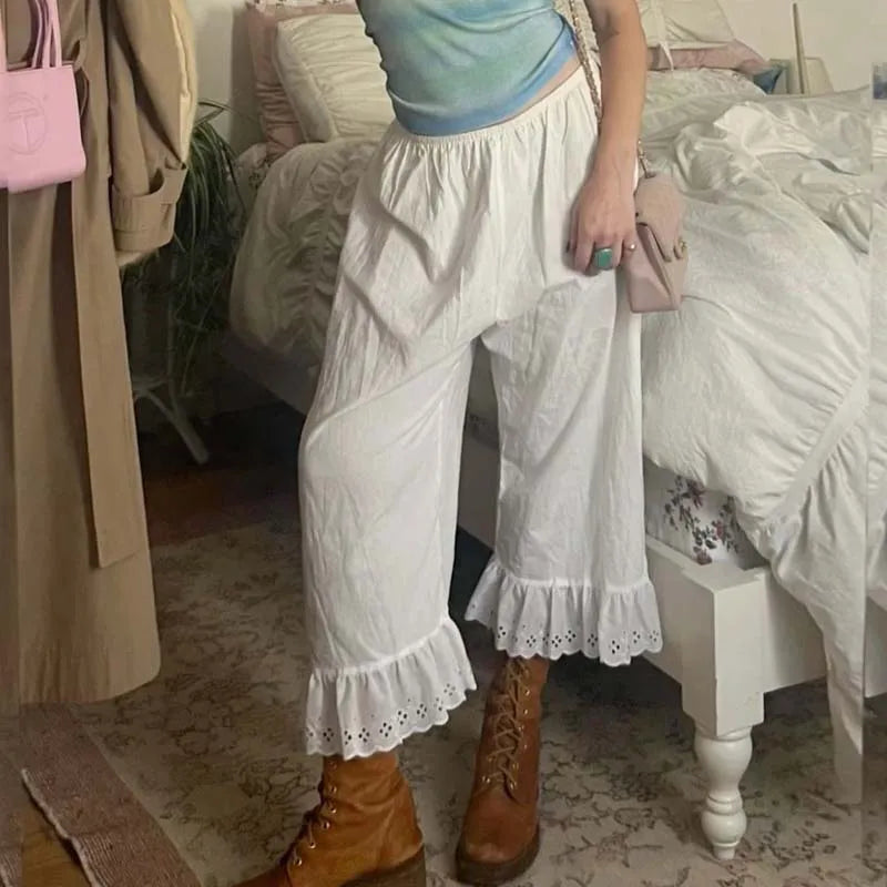 🍒Cottage fairy wide leg pants Y2k aesthetic 00s retro high waist  calf-length trousers Vintage lounge loose fit ruffle hem trousers feminine female fashion wear for women Get Cosy In A  Fairy cottage