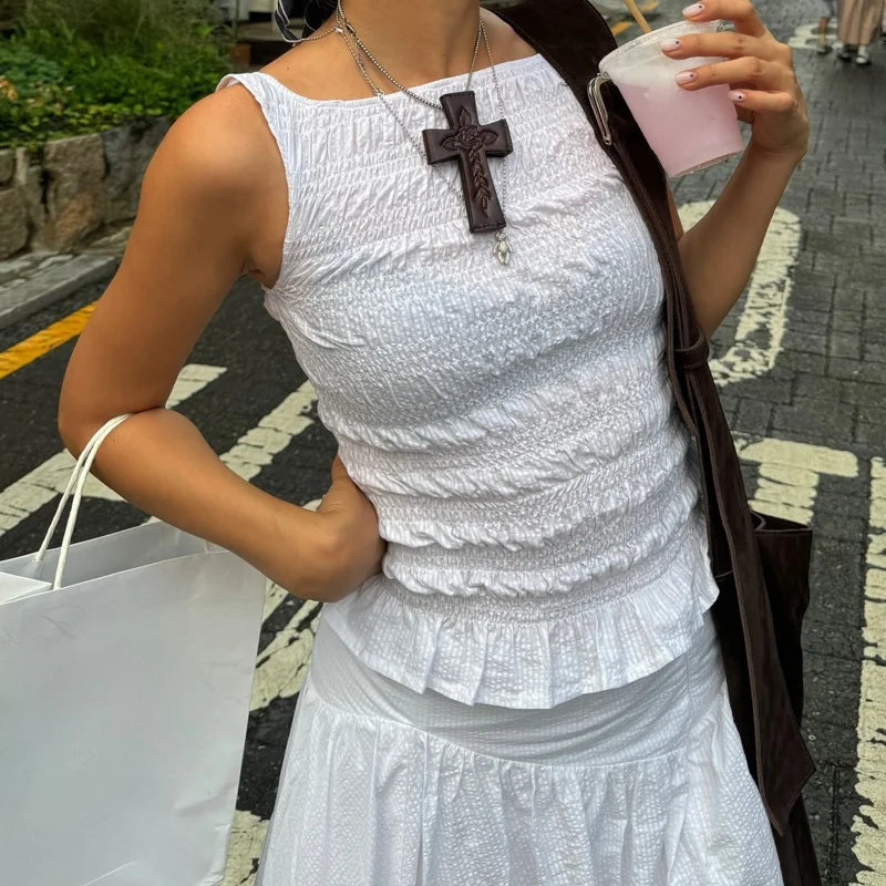 🍒Women Y2K smocked shirred tank top sleeveless crew neck frill ruffle crop top ruched pelpum going out tops party clubwear