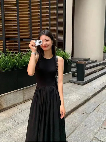 🍒Long dresses high waist summer round neck maxi dress sleeveless women fashion simple style elegant long black outfit smart casual wear