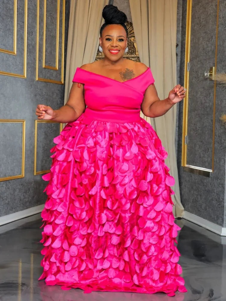 🍒Plus size evening dress pink off shoulder special occasion clothing for women mesh fashion high waisted birthday outfit evening party wear for ladies summer party clothing Pink Up Your Think Petal