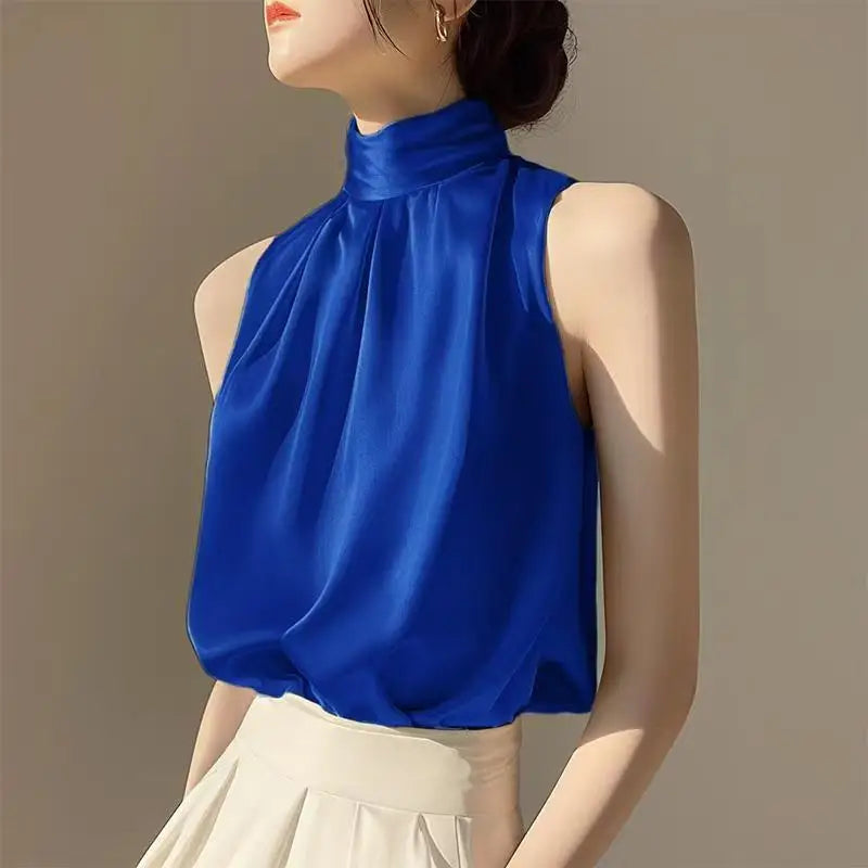 🍒Sleeveless turtle neck top sleeveless blouse womens Summer wear fashion pleated All-match over head camis Blue Blousey Beauty
