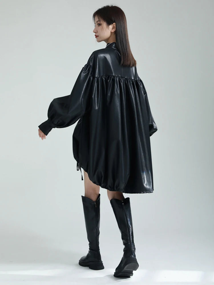 🍒Womens leather top drawstring turtle neck oversize jacket spring autumn fashion long sleeve outwear top smart casual clothing Get Looks In A Leather Look