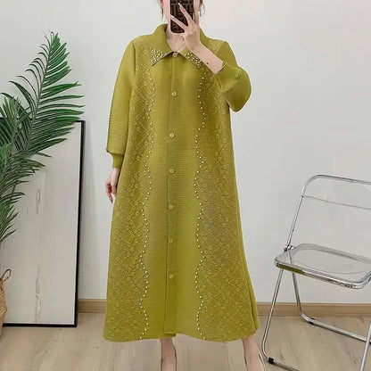 🍒Pleated dress for women spring  high-end occasion wear lapel coat outfit loose beaded long sleeve maxi elastic female fashion 6R5109