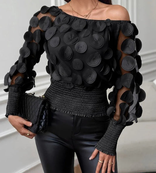 🍒Modern floral tops for women occasion shirred hem t-shirt design mesh patch long sleeve off the shoulder gigot Sleeve  bouse Y2k asthetic Hot Spot