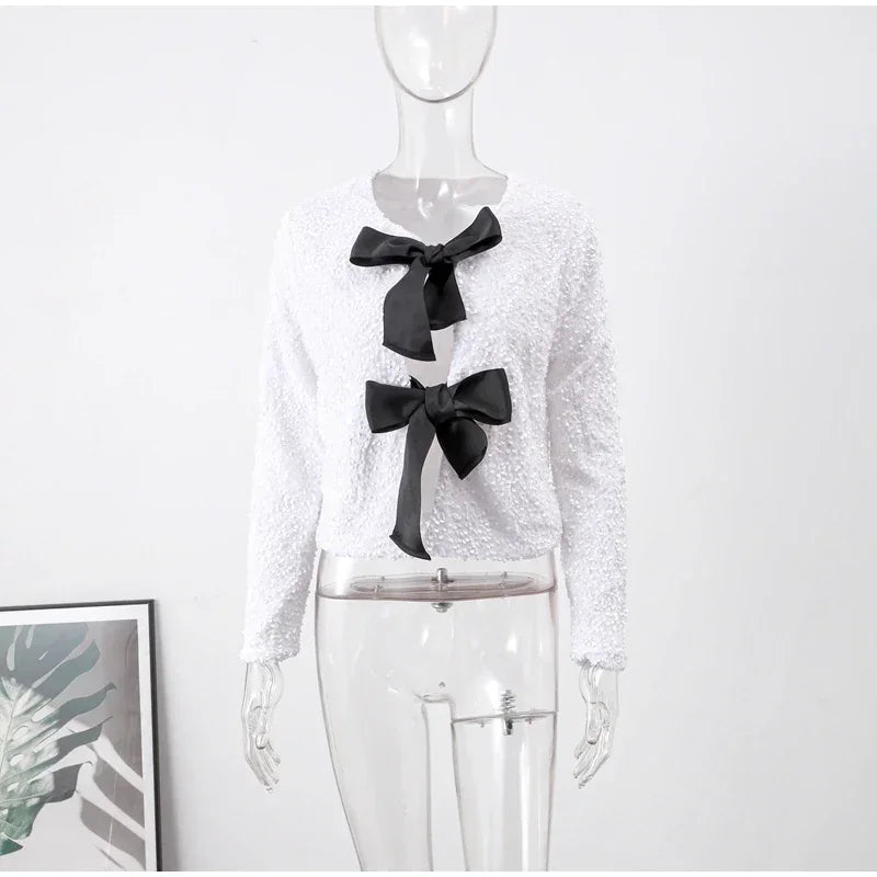 🍒Bow tie sequin dress for women long sleeve shiny mini dress female chic backless evening party dress with back bow crop sequin jacket long sleeve with satin bow front  occasion party wear