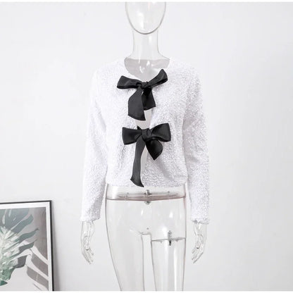 🍒Bow tie sequin dress for women long sleeve shiny mini dress female chic backless evening party dress with back bow crop sequin jacket long sleeve with satin bow front  occasion party wear