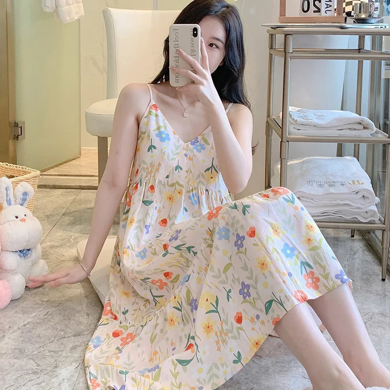🍒Sleeveless night dress for Women breathable viscose cotton camisole nightie floral  night dress loungewear summer wear holidaywear nightwear Fresh Florals