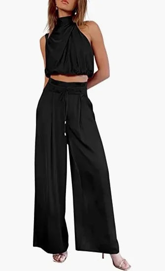 🍒Two piece pant sets for women open navel outfit silky sleeveless tops and wide leg trousers smart casual clothing summer fashion wear club wear party occasion wear 2 piece Sets pop this CROP and get SET for WIDE approval