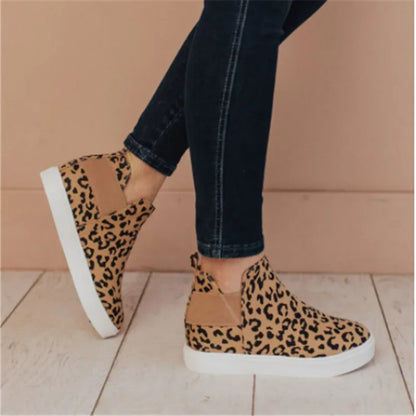 🍒Canvas casual boots spring summer and autumn large size type skate shoes women round toe mid top sneakers casual elastic mouth lazy flat footwear Go On A Leopard Walk