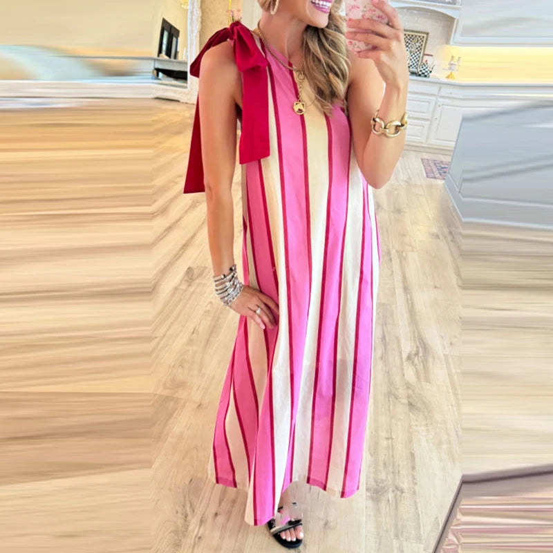 🍒Irregular straight casual women's long dress vacation sleeveless loose dresses bow tie Up striped summer dress Swipe A Stripe