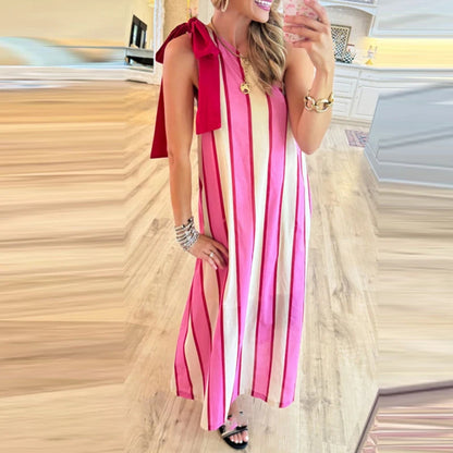 🍒Irregular straight casual women's long dress vacation sleeveless loose dresses bow tie Up striped summer dress Swipe A Stripe