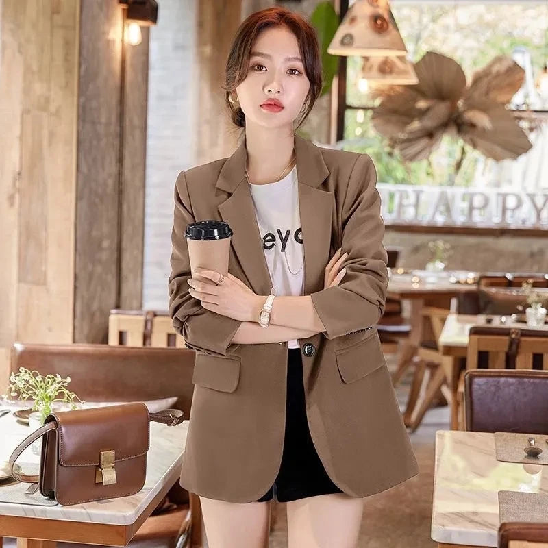 🍒Womens slim blazer spring autumn long sleeve chic office clothing notched lapel solid suit jacket female smart casual clothes  Button Up On style
