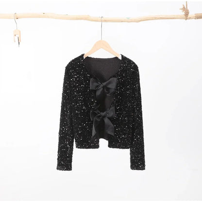 🍒Bow tie sequin dress for women long sleeve shiny mini dress female chic backless evening party dress with back bow crop sequin jacket long sleeve with satin bow front  occasion party wear