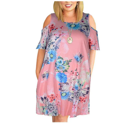 🍒Floral print dress elegant party dresses for women smart casual plus size clothing cold shoulder floral fashion retro short sleeve summer dress Get Beachy Vibes In A Cold Shoulder