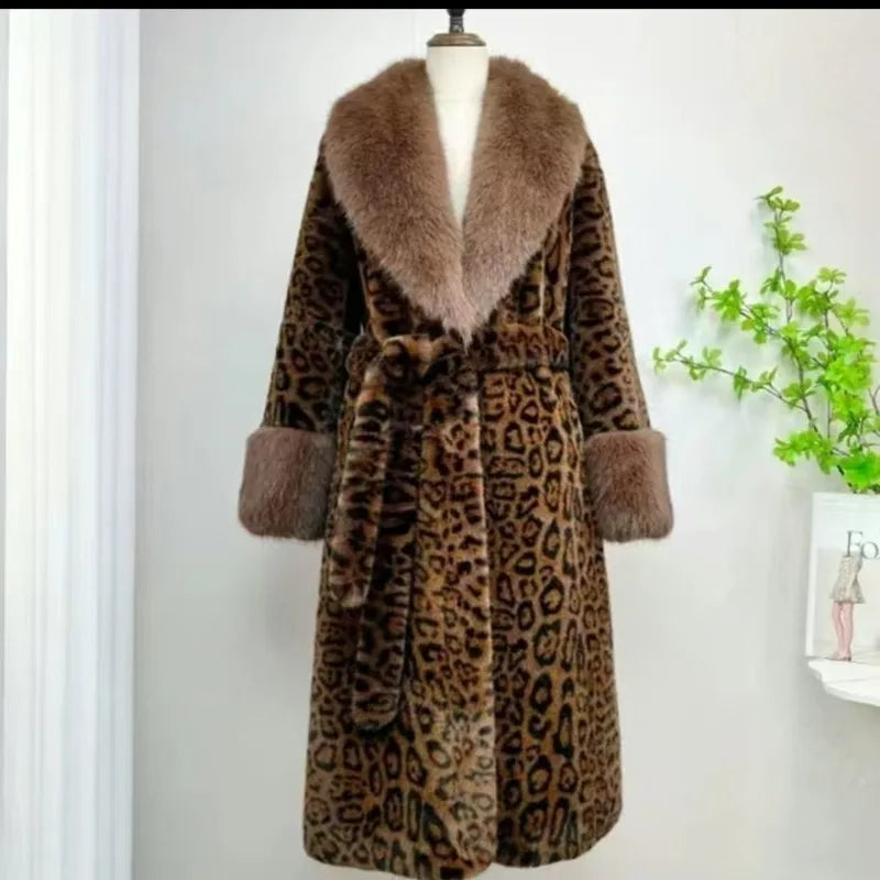 🍒Women's leopard print coat long faux fur overcoat for women trench coats chic winter fashion with thick fur collar belt Posh Plush