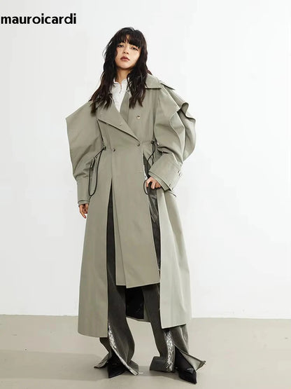 🍒Long oversized trench coat elegant ruffled outerwear for women double breasted luxury designer overcoat runway fashion  Trendy Travel Trench Classic Comfort