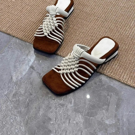 🍒String sandals woven strap slipper shoes summer square toe sandels woven non-slip wear-resistant low heel shoes for women