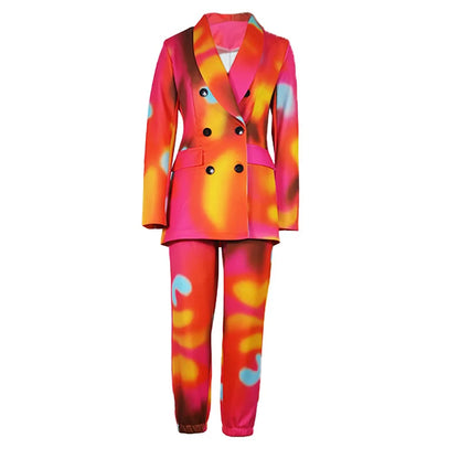 🍒Womens tie dye suit multicolour printed long sleeve jacket and tapered trouser set lapel blazer two piece office wear smart casual clothing