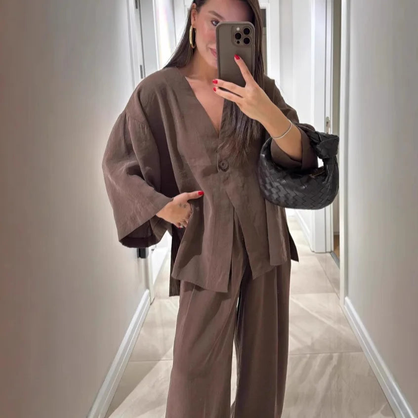 🍒Casual trouser suit for women elegant long sleeve outfit single colour wide leg pants and jacket   set spring summer fashion loose two-piece Partying Pjs