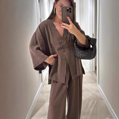 🍒Casual trouser suit for women elegant long sleeve outfit single colour wide leg pants and jacket   set spring summer fashion loose two-piece Partying Pjs