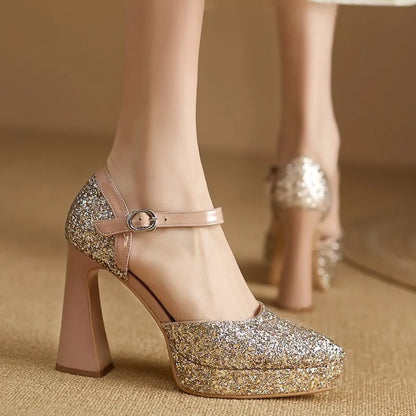 🍒Womens pointed toe platform shoes glitter heels silver banquet wedding shoes thick heels pumps ankle strap footwear Cute Form Platform