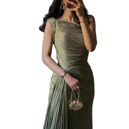 🍒Pleated bodice evening dress with one shoulder occasion party wear shiny evening wear maxi dress with pleats ComPLEATly Perfect