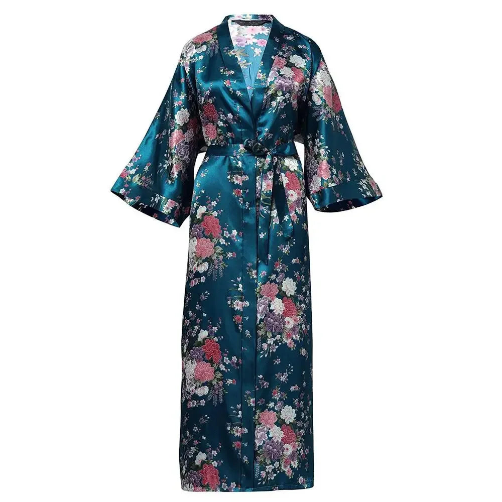 🍒Satin robe women plus size  with flowers peacock print kimono lounge gowns for women bride bridesmaid wedding bathrobe silky nighrwear Sittin' Satin Style