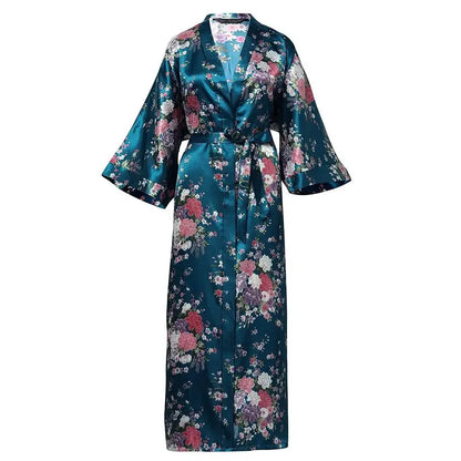 🍒Satin robe women plus size  with flowers peacock print kimono lounge gowns for women bride bridesmaid wedding bathrobe silky nighrwear Sittin' Satin Style