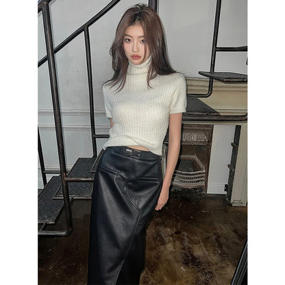 🍒Vintage faux leather skirt for women high waisted black maxi skirt with slits Y2K fashion split slim a-line  Dont Slip Up On Style Get This Split Slim Slick