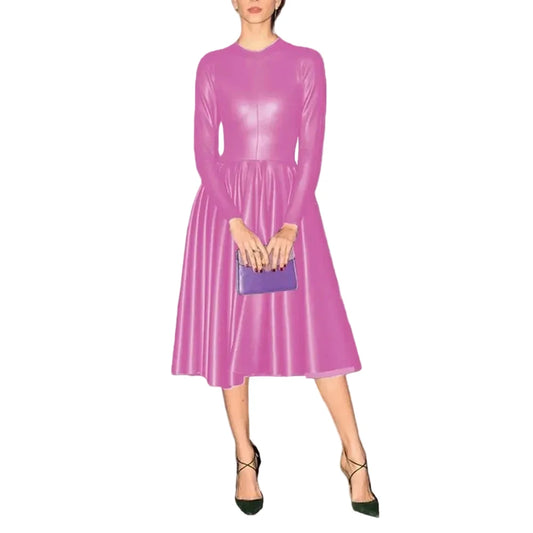 🍒Pu leather solid dress midi women high waist outfit solid colour matte round neck klong sleeve a-line outfits fashion party wear Simply Solid