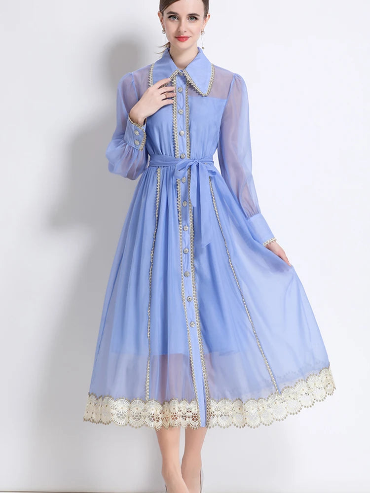 🍒Lace lapel dress single breasted shirt dress long sleeved loose outfit midi fashionable women's clothing party occasion wear Pink Up Your Pretty