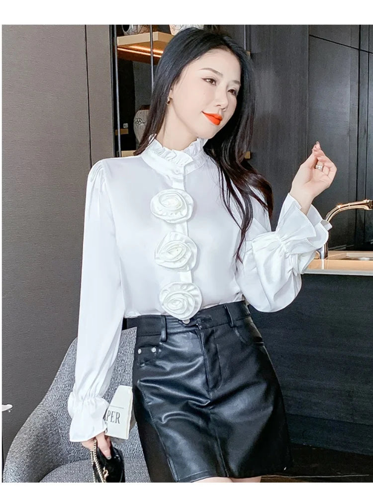 🍒Hot pink shirt high neck women flare cuff long sleeve classic fashion 3D flower blouse design feminine Clothing occasion party wear fashion Look HOT And ROSEy In PINK