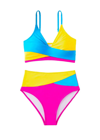 🍒Patchwork two piece swimsuit for women high waist bikini v-neck adjustable suspender type spaghetti strap backless swim set summer beach Vacation Swimwear  Drink Fruities In Your Fruity