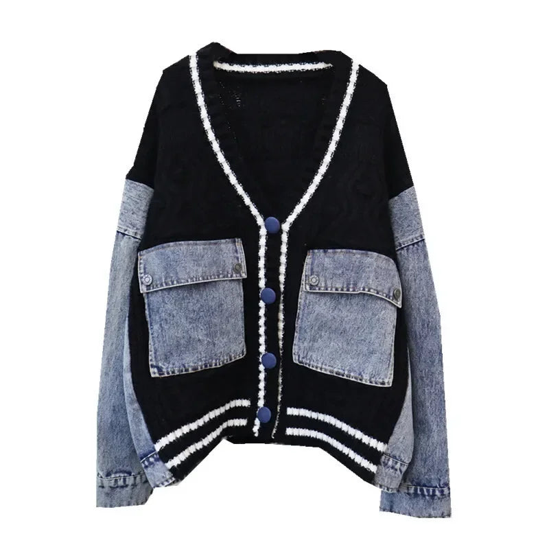 🍒Patchwork knit cardigan loose v-neck long sleeve sweater for women spring/summer female denim fashion with pockets Don’t Delay Denim Dellivers