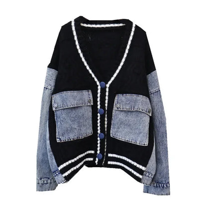 🍒Patchwork knit cardigan loose v-neck long sleeve sweater for women spring/summer female denim fashion with pockets Don’t Delay Denim Dellivers