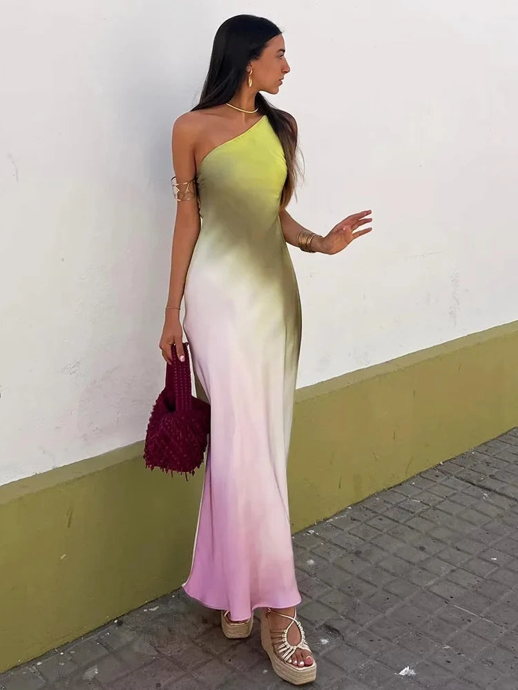 🍒Summer party maxi dress backless satin one shoulder occasion party wear sundress sleeveless print tie-dye outfit Keep A Straight Pose In This Cool Diagonal