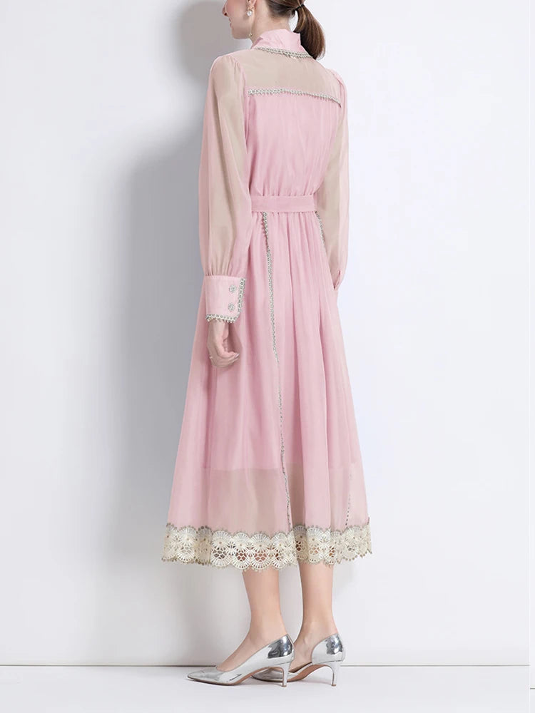 🍒Lace lapel dress single breasted shirt dress long sleeved loose outfit midi fashionable women's clothing party occasion wear Pink Up Your Pretty