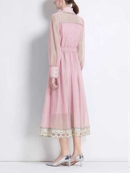 🍒Lace lapel dress single breasted shirt dress long sleeved loose outfit midi fashionable women's clothing party occasion wear Pink Up Your Pretty